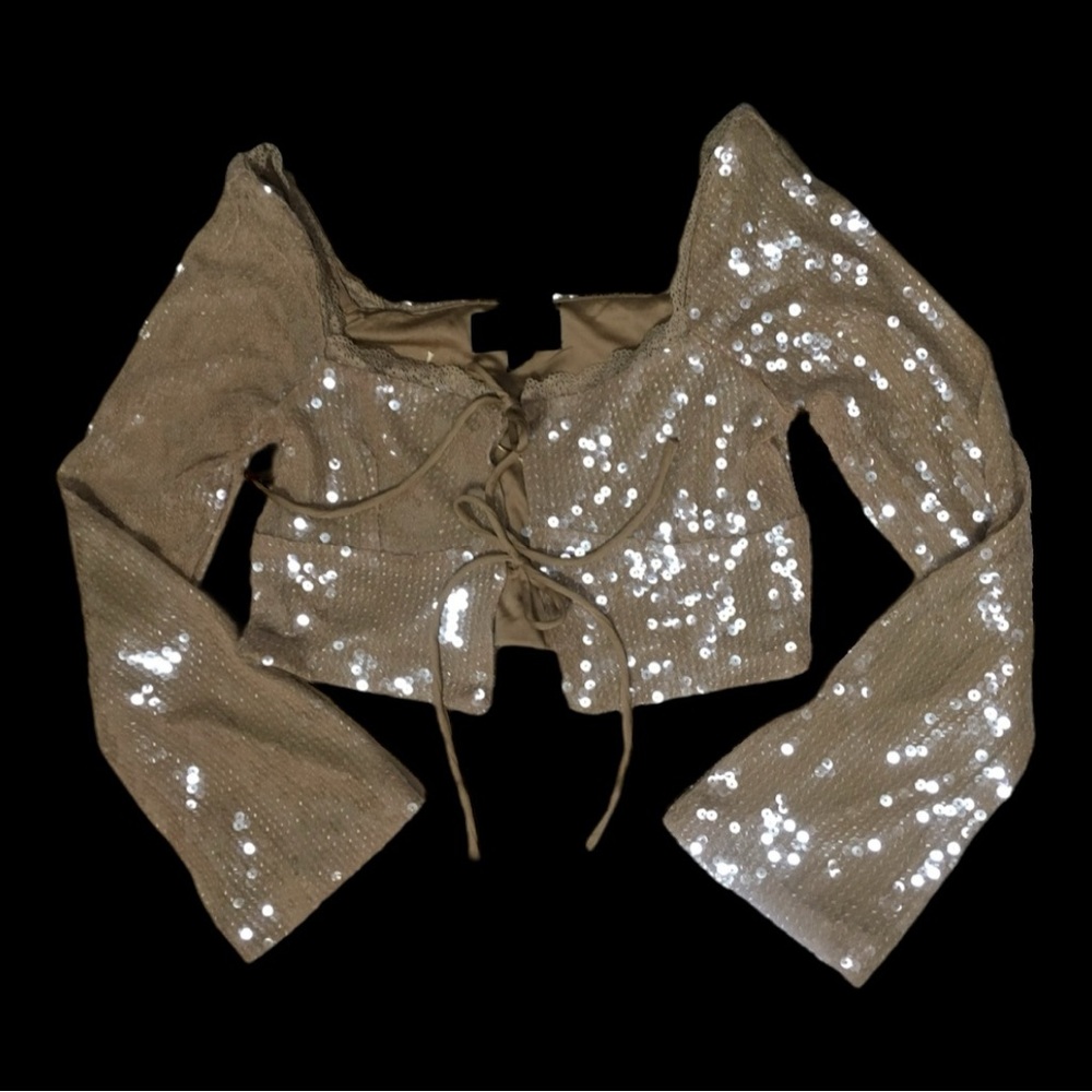 Size L Crop Top Long Sleeve Sequin Tan Taupe Crop Top By Nite Out New Unworn